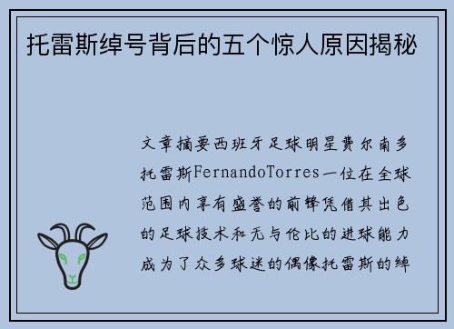 托雷斯绰号背后的五个惊人原因揭秘 托雷斯绰号背后的五个惊人原因揭秘